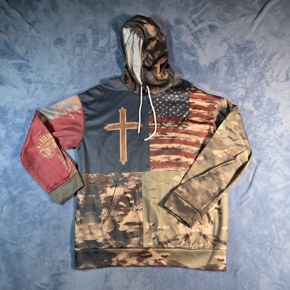 Men’s XL Patriotic American Flag Cross Camo Pullover Hoodie Christian NWOT